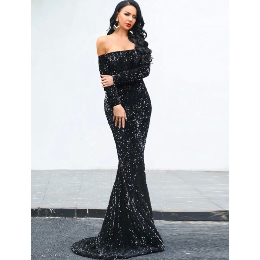 Off Shoulder Fishtail Sequin Dress